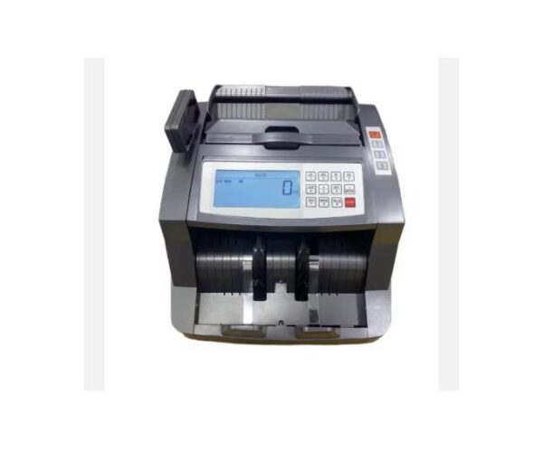 Currency counting machine with keypad and blue display on white background