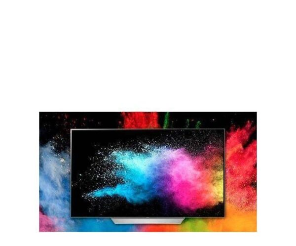 Flat-screen monitor with a colorful powder explosion background, framed in black with a small stand base, on a vibrant splash backdrop.