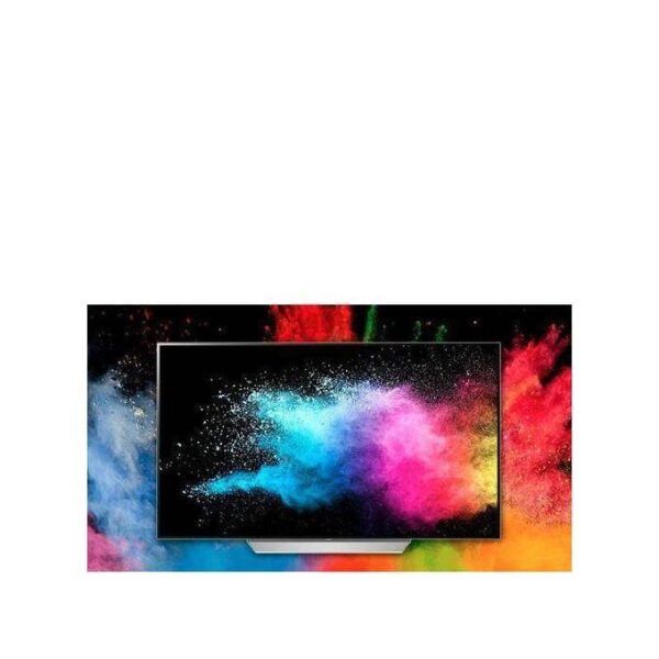 Flat-screen monitor with a colorful powder explosion background, framed in black with a small stand base, on a vibrant splash backdrop.