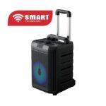 Black portable Bluetooth speaker with a retractable handle, blue LED light on the grille, and the Smart Technology logo in the top-left corner