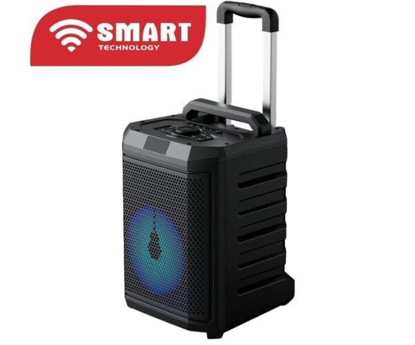 Black portable Bluetooth speaker with a retractable handle, blue LED light on the grille, and the Smart Technology logo in the top-left corner