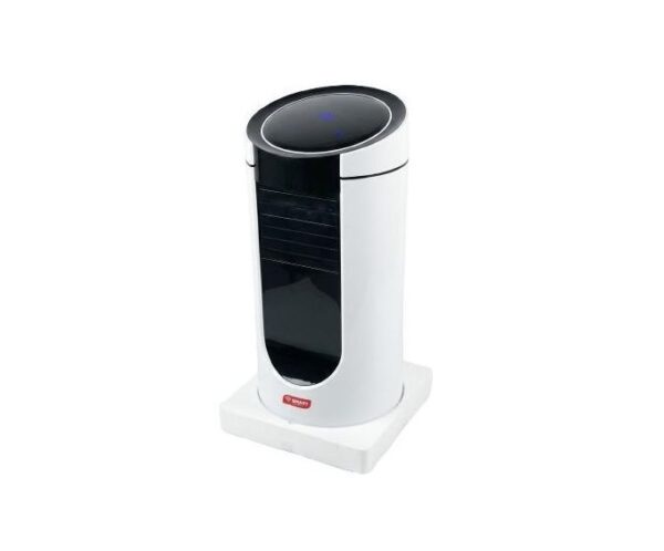 Tall white tower appliance with a black vent panel and a blue indicator light on top, standing on a white base (likely an air purifier).
