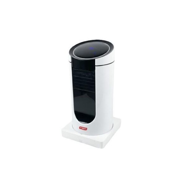 Tall white tower appliance with a black vent panel and a blue indicator light on top, standing on a white base (likely an air purifier).