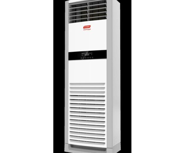 Tall standing tower air conditioner with horizontal vents at the top and a control panel in the middle, white and gray finish.