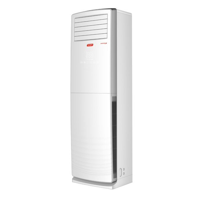 Tower floor-standing air conditioner unit in white, with a vented top panel and slim, vertical design.