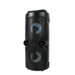 Tall black portable Bluetooth speaker with two large circular drivers and blue LED rings.