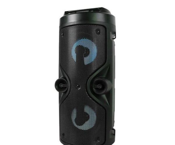 Tall black portable Bluetooth speaker with two large circular drivers and blue LED rings.
