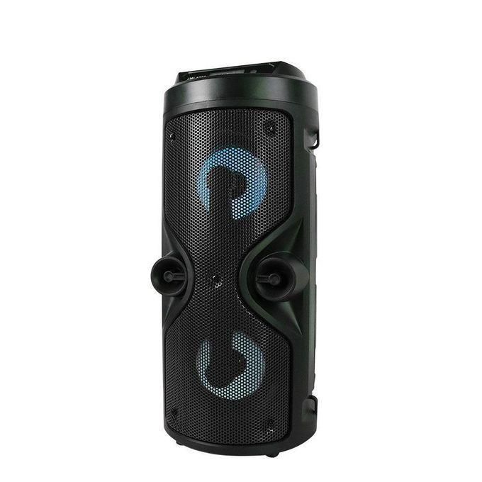 Tall black portable Bluetooth speaker with two large circular drivers and blue LED rings.