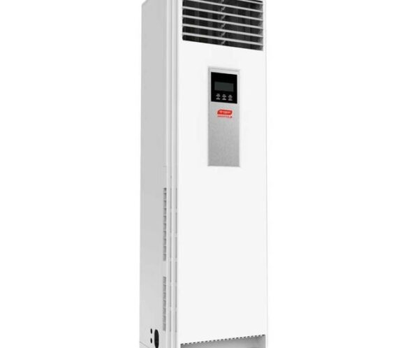 Tall white floor-standing air conditioner with horizontal vent at the top and a small digital control panel in the center.