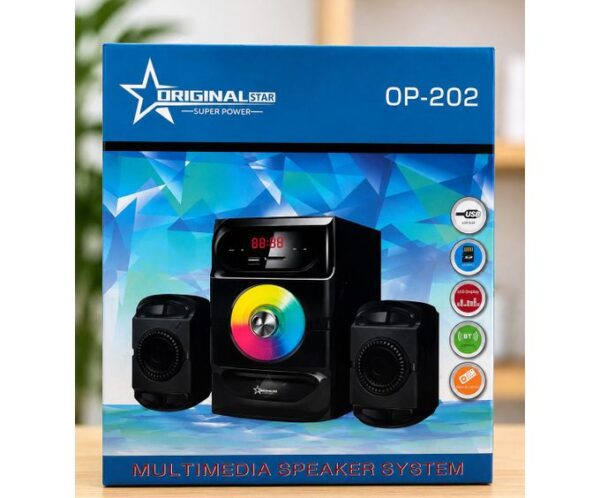 Box for Original Star OP-202 multimedia speaker system with rainbow-colored USB-CD player and two satellite speakers on a wooden surface.
