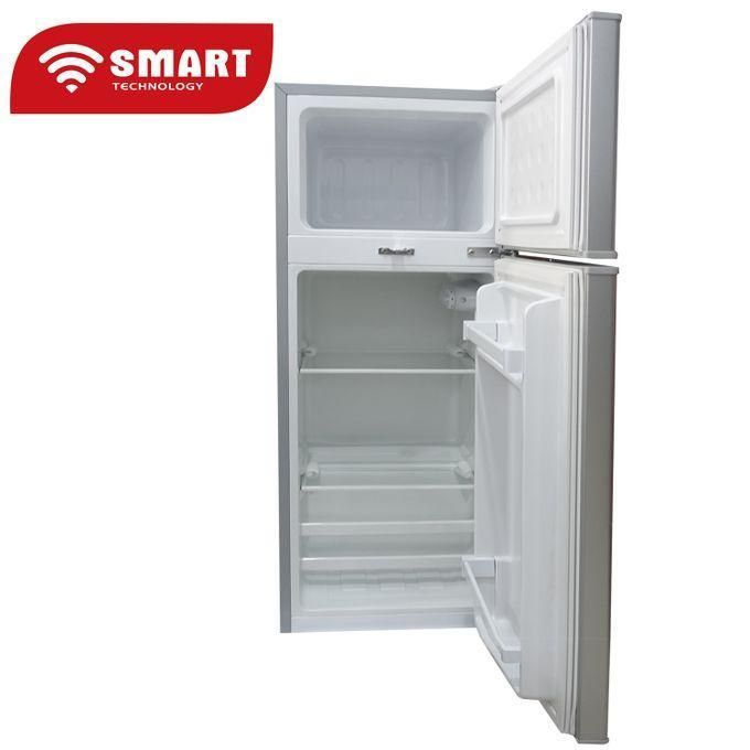 Open two-door refrigerator with a top freezer, showing empty shelves; red SMART TECHNOLOGY badge in the top-left corner.