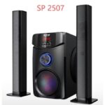 Speaker system with a central subwoofer and two tall, perforated black satellite speakers, model SP 2507, with colorful LED-lit woofer