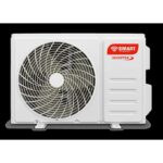 White outdoor air-conditioner unit with a large circular fan grille on the left and a Smart Inverter label on the right.