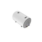 White cylindrical electric storage water heater with front-facing inlet/outlet connections and a top control area. This unit rests on a white background.