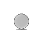 Round circular makeup mirror on a metal stand with a flat base against a white background.