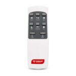 White remote control with a gray button panel featuring speed, temp up/down, night, swing, and on/off controls; SMART Technology logo at the bottom.