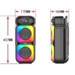 Front and side views of a tall portable dual-speaker with rainbow grills; dimensions: 407 mm tall, 170 mm wide, 150 mm deep.