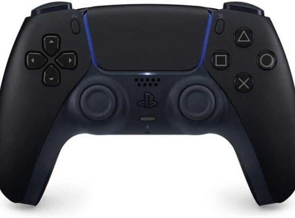 Front view of a black PlayStation controller (DualShock) with two analog sticks, D-pad, and four action buttons on the right.