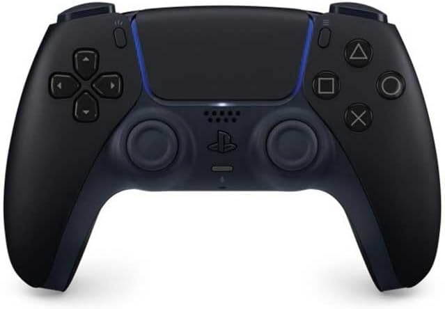 Front view of a black PlayStation controller (DualShock) with two analog sticks, D-pad, and four action buttons on the right.