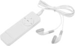 White portable music player with wired earbuds showing a circular control pad on the device's front