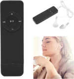 Black remote with a circular control wheel, plus a compact wireless remote and white earphones; woman wearing earphones and listening to audio.