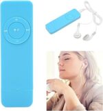 Blue MP3 player with circular control wheel, a matching remote and wired earbuds; a woman wearing earphones and enjoying music.