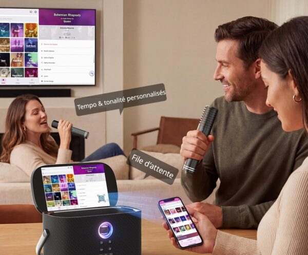 Group karaoke setup with microphone, speaker, and TV screen; overlay promotes QR KaraFun remote control and features like tempo customization and queue (no app required).