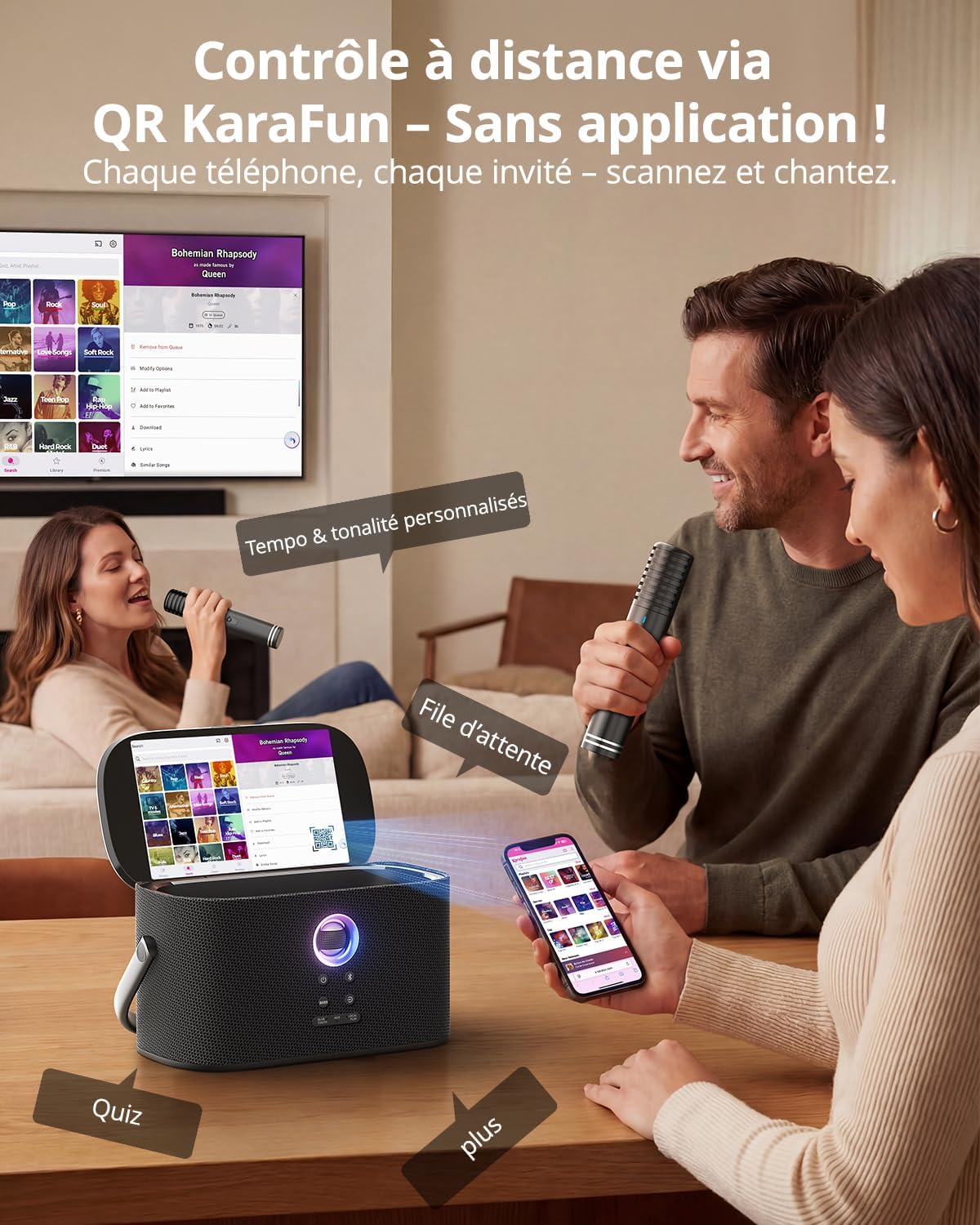 Group karaoke setup with microphone, speaker, and TV screen; overlay promotes QR KaraFun remote control and features like tempo customization and queue (no app required).