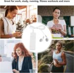 Collage of people using wired headphones in workouts, work, and study around a central white earbud remote.