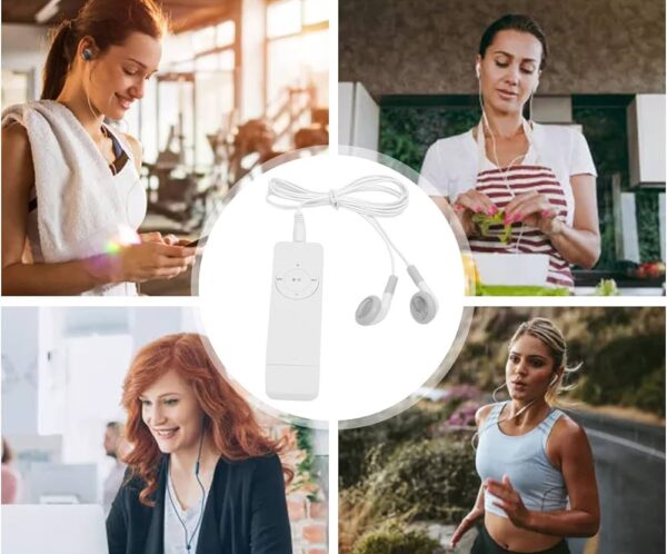 Collage of people using wired headphones in workouts, work, and study around a central white earbud remote.