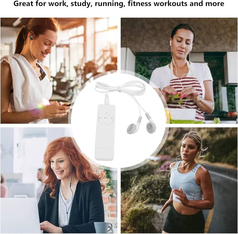 Collage of people using wired headphones in workouts, work, and study around a central white earbud remote.