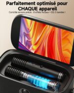 Close-up of a portable audio case with a smartphone inserted and blue-lit internal components, illustrating sound processing.