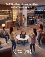 Home party scene with friends dancing around a tabletop speaker; highlights 140W peak power and Bass Up 3.0.
