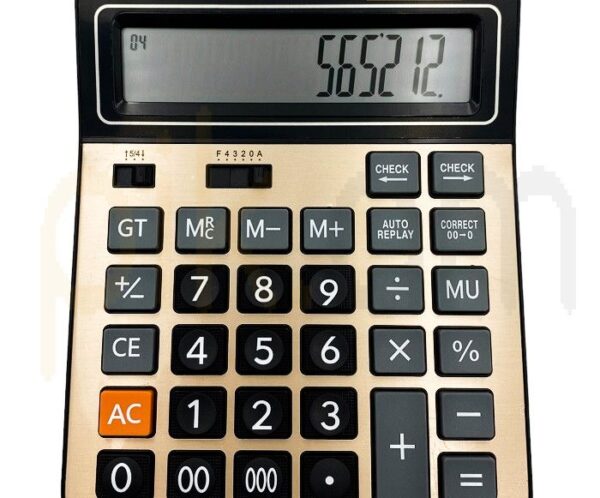 Gold-colored calculator with black buttons and a large digital display showing 565212, brand GAOSIO CT-9200B.