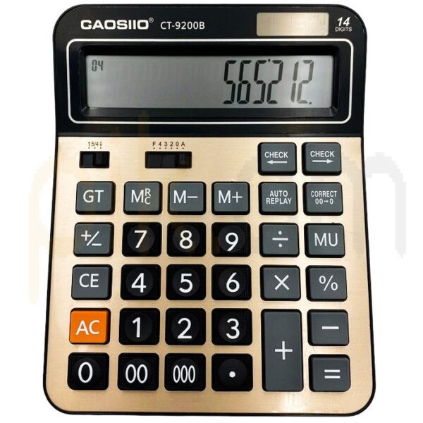 Gold-colored calculator with black buttons and a large digital display showing 565212, brand GAOSIO CT-9200B.