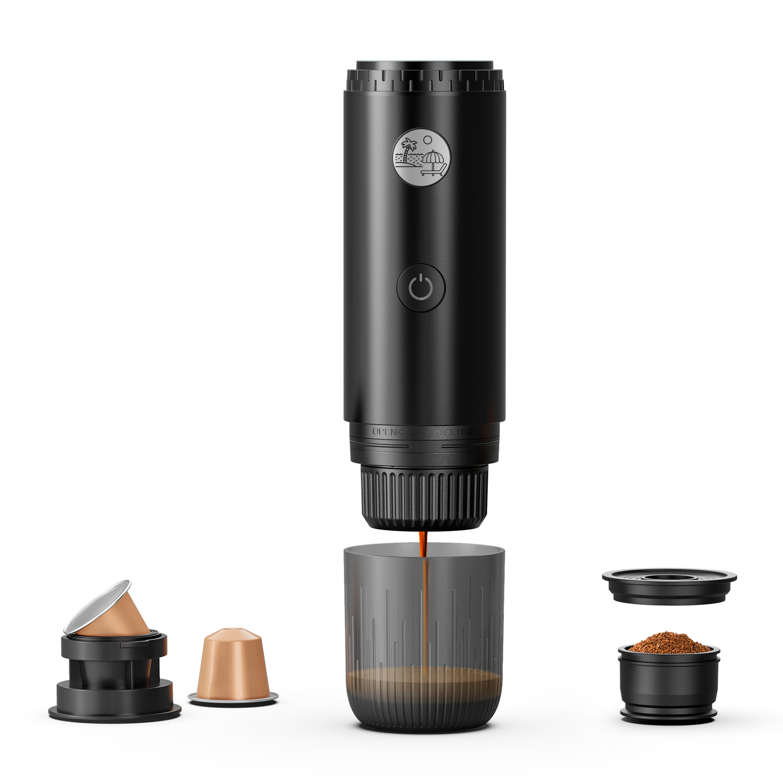 Disassembled black coffee capsule device with lid and several capsules separated, showing internal parts and ground coffee cups lined up below