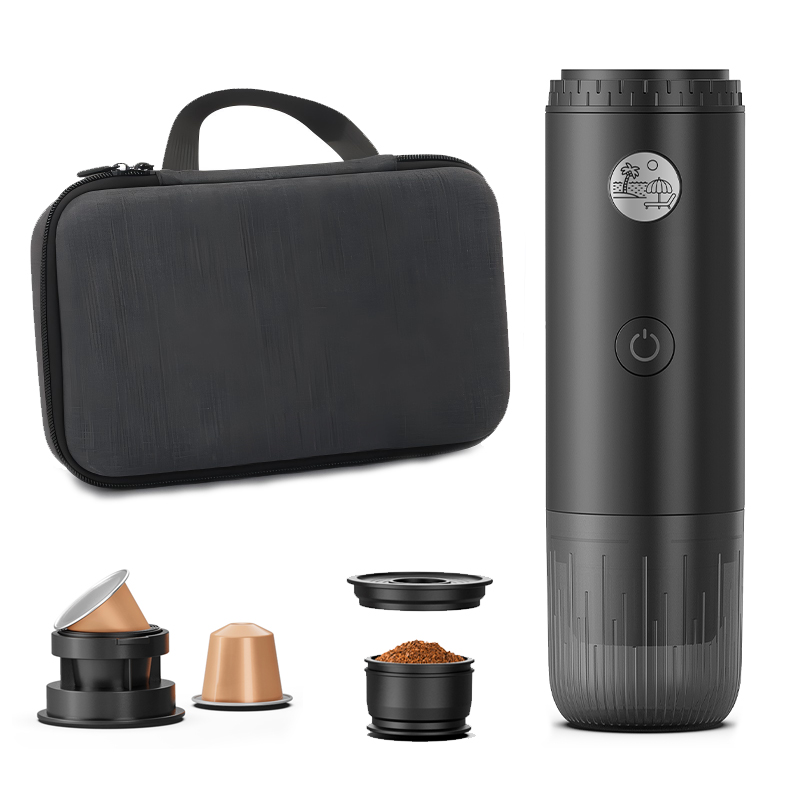 Portable black coffee grinder with interchangeable pods and a protective carrying case.