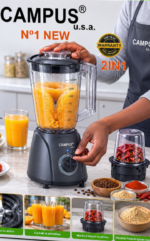 Campus 2-in-1 blender advertisement: person operating a dark gray blender with orange juice in the pitcher, text 'CAMPUS U.S.A.', 'N°1 NEW' and '2IN1' visible, warranty seal in background.