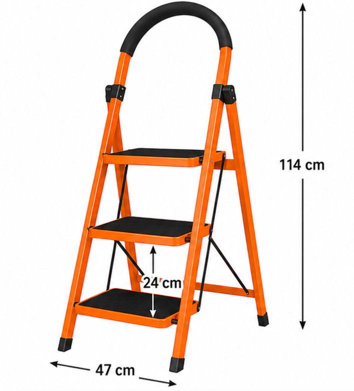 Orange three-step folding ladder with a curved black top handle; overall height 114 cm, base width 47 cm, each step 24 cm deep.