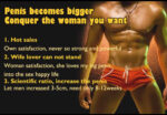 Promotional graphic advertising penis enlargement, showing a muscular man in orange shorts with large yellow text listing claims and tips.