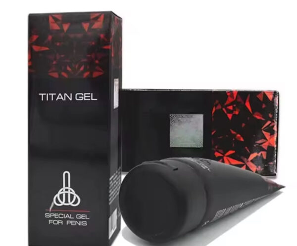 Titan Gel packaging: black box with red crystal-like design and a tube labeled Special Gel for Penis.