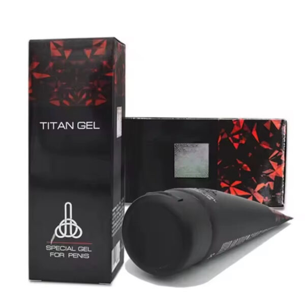 Titan Gel packaging: black box with red crystal-like design and a tube labeled Special Gel for Penis.