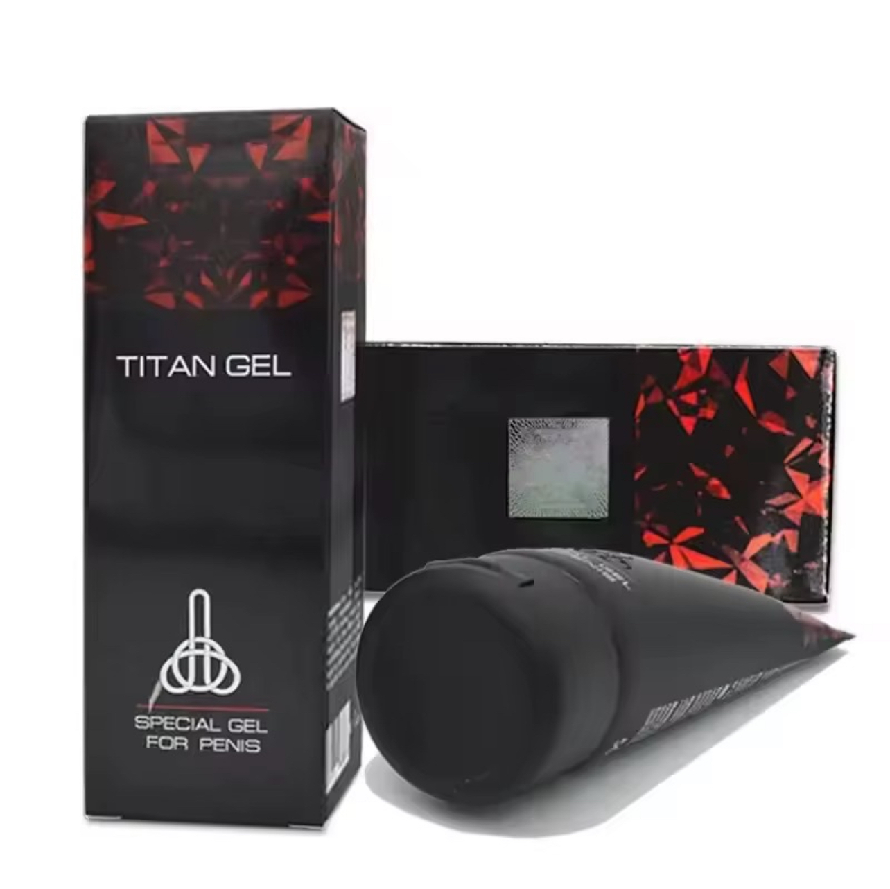 Titan Gel packaging: black box with red crystal-like design and a tube labeled Special Gel for Penis.