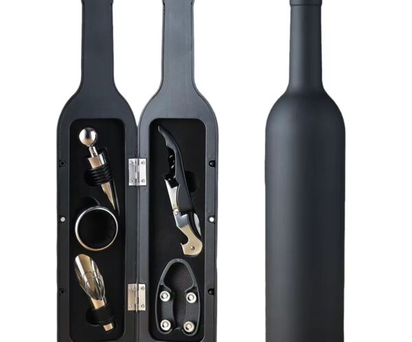 Two-part black wine tool kit with corkscrew, stopper, foil cutter, and pourer displayed in an open case next to a matte bottle capper bottle.