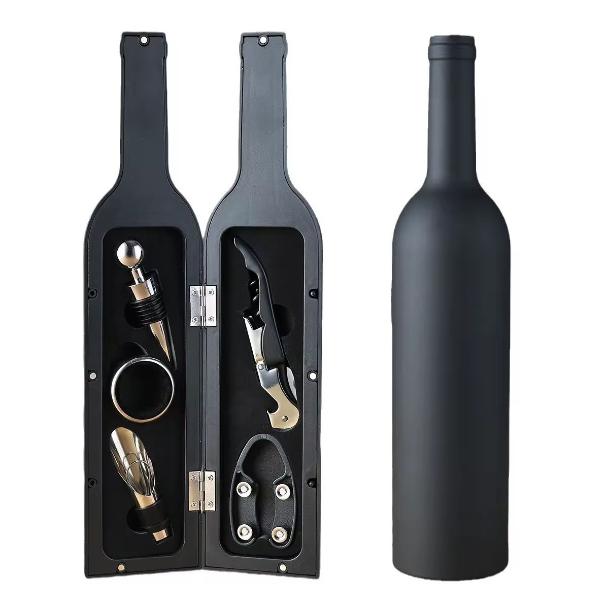 Two-part black wine tool kit with corkscrew, stopper, foil cutter, and pourer displayed in an open case next to a matte bottle capper bottle.