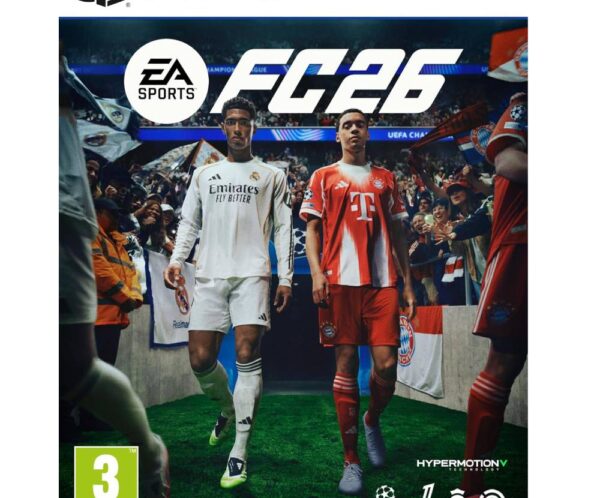 Cover art for EA Sports FC 26 on PS5, showing two soccer players in white and red kits walking toward a stadium crowd, with the PEGI 3 rating in the bottom-left corner and multiple logos at the bottom-right.