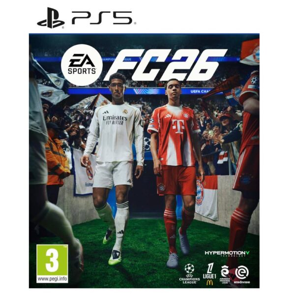 Cover art for EA Sports FC 26 on PS5, showing two soccer players in white and red kits walking toward a stadium crowd, with the PEGI 3 rating in the bottom-left corner and multiple logos at the bottom-right.