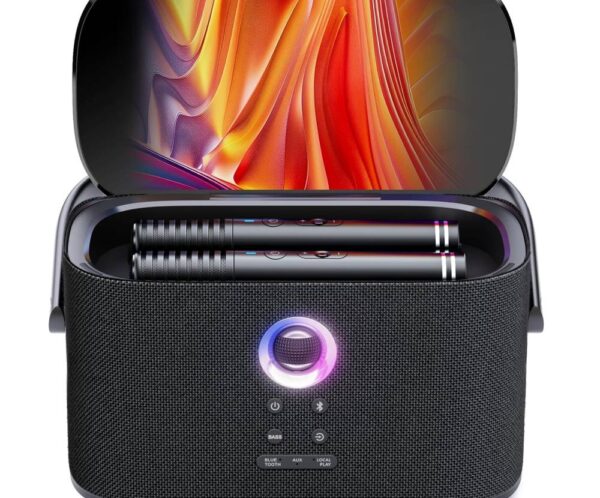 Portable black fabric speaker with a lift-open lid, two wireless earbuds resting inside, and a purple-glow control dial.