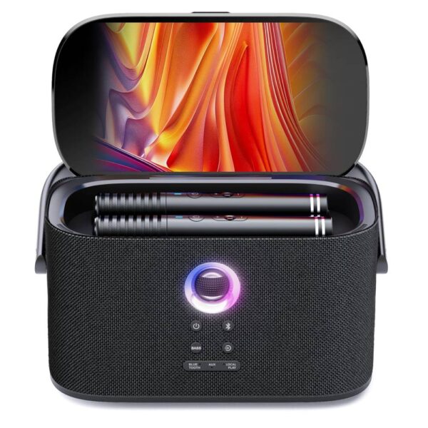 Portable black fabric speaker with a lift-open lid, two wireless earbuds resting inside, and a purple-glow control dial.