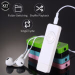 White portable music player with wired earbuds, against stacked color blocks; features shown: Folder Switching, Shuffle Playback, and Single Cycle.